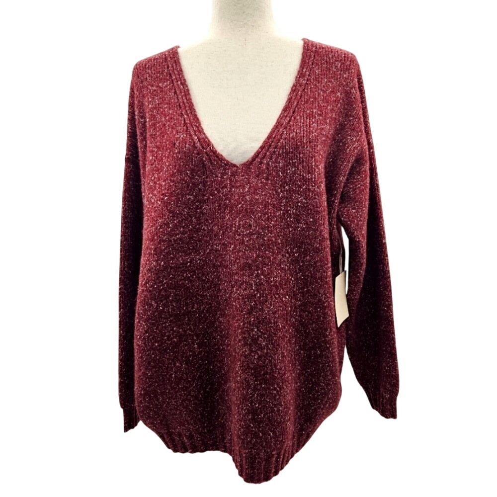 M‎ Rena Marled Speckled V Neck Long Sleeve Sweater Burgundy Medium